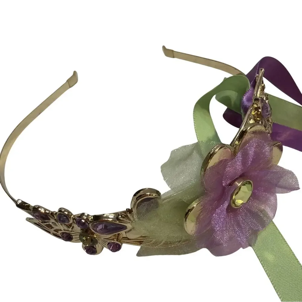 Disney Tinkerbell Headband Purple Green Ribbon Streamers Gold Tone Band